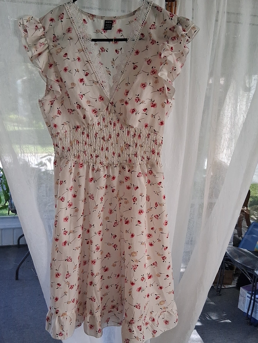 SHEIN Cream Floral Midi Dress with Pink Print